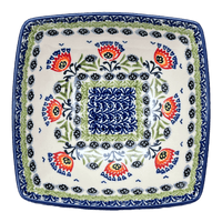 A picture of a Polish Pottery Medium Nut Dish (Floral Fans) | M113S-P314 as shown at PolishPotteryOutlet.com/products/7-75-square-bowl-floral-fans-m113s-p314