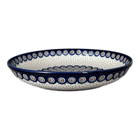 A picture of a Polish Pottery 11.75" Shallow Salad Bowl (Peacock Dot) | M173U-54K as shown at PolishPotteryOutlet.com/products/11-75-bowl-peacock-dot-m173u-54k