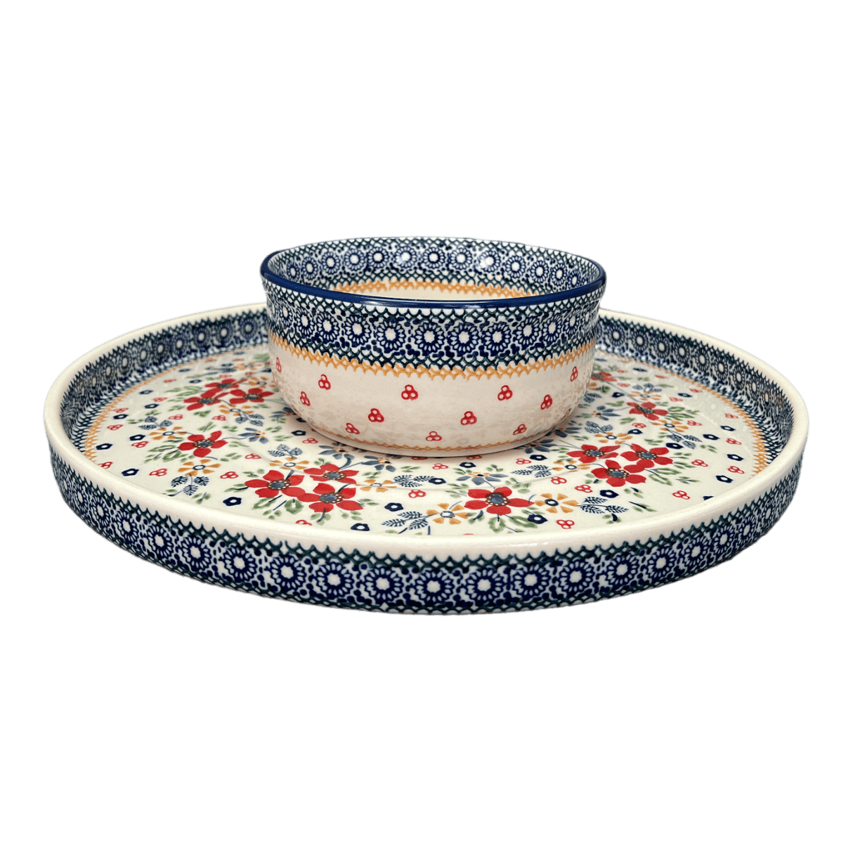 Platter, Round, Chip & Dip, 12.75" in "Ruby Bouquet" by Manufaktura | N007S-DPCS