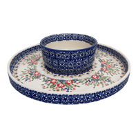 A picture of a Polish Pottery Chip and Dip Platter (Poppy Persuasion) | N007S-P265 as shown at PolishPotteryOutlet.com/products/13-cake-plate-hors-doeuvres-combo-poppy-persuasion-n007s-p265