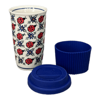 A picture of a Polish Pottery 14 oz. Travel Mug (Lovely Ladybugs) | NDA281-18 as shown at PolishPotteryOutlet.com/products/14-oz-travel-mug-lovely-ladybugs-nda281-18