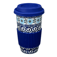 A picture of a Polish Pottery 14 oz. Travel Mug (Blue Daisy Spiral) | NDA281-38 as shown at PolishPotteryOutlet.com/products/14-oz-travel-mug-blue-daisy-spiral-nda281-38