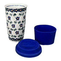 A picture of a Polish Pottery 14 oz. Travel Mug (Blue Lattice) | NDA281-6 as shown at PolishPotteryOutlet.com/products/14-oz-travel-mug-blue-lattice-nda281-6
