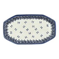 A picture of a Polish Pottery 10.5" x 18.5" Angular Tray (Butterfly Blues) | NDA333-17 as shown at PolishPotteryOutlet.com/products/10-5-x-18-5-angular-tray-butterfly-blues-nda333-17