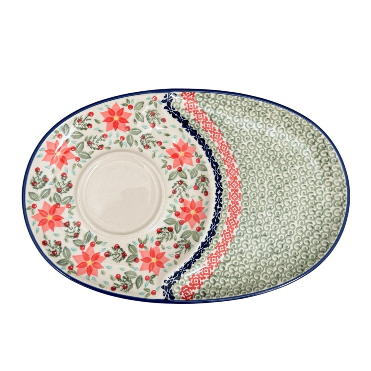 Plate, Oval, Soup & Sandwich, 11.75" x 7.25" in "Pink Poinsettia" by Manufaktura | P006S-PS14