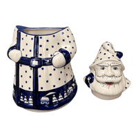A picture of a Polish Pottery Santa Cookie Jar (Winter's Eve) | P060S-IBZ as shown at PolishPotteryOutlet.com/products/12-santa-cookie-jar-winters-eve-p060s-ibz