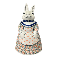 A picture of a Polish Pottery Rabbit Cookie Jar (Peach Blossoms) | P080S-AS46 as shown at PolishPotteryOutlet.com/products/rabbit-cookie-jar-peach-blossoms-p080s-as46