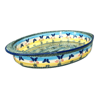 A picture of a Polish Pottery Large Oval Baker (Butterflies in Flight) | P102S-WKM as shown at PolishPotteryOutlet.com/products/15-25-x-10-25-oval-baker-butterflies-in-flight-p102s-wkm