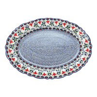 A picture of a Polish Pottery Large Scalloped Oval Platter (Scandinavian Scarlet) | P165U-P295 as shown at PolishPotteryOutlet.com/products/large-scalloped-oval-plater-scandinavian-scarlet-p165u-p295