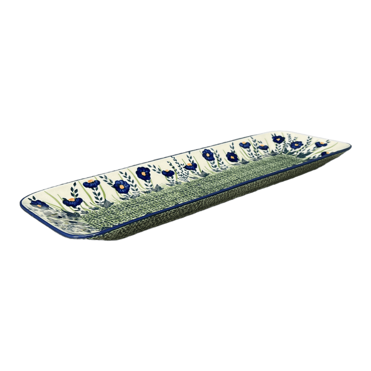 Platter, Rectangular, Long, 19.5" x 6.75" in "Bouncing Blue Blossoms" by Manufaktura | P204U-IM03