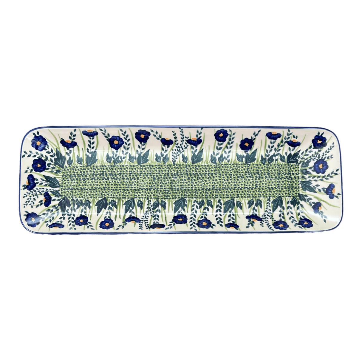 Platter, Rectangular, Long, 19.5" x 6.75" in "Bouncing Blue Blossoms" by Manufaktura | P204U-IM03