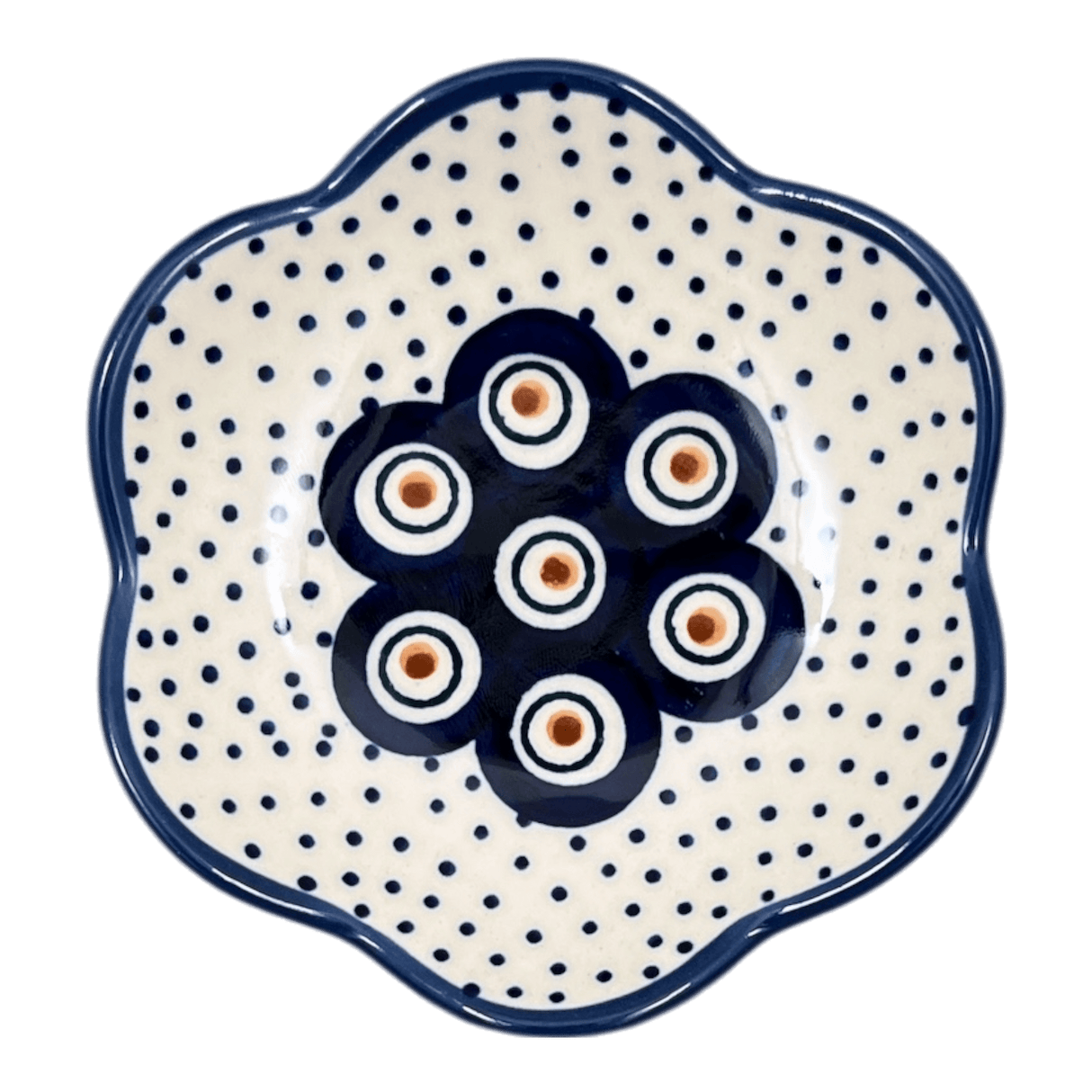 Bowl, Scalloped, Shallow, 4.25", (P205) in "Peacock Dot" by Manufaktura | P205U-54K