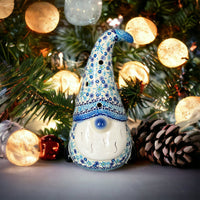 A picture of a Polish Pottery 8.5" Large Gnome Luminary (Spring Snow) | GAD41-PCH1 as shown at PolishPotteryOutlet.com/products/8-5-large-gnome-luminary-spring-snow-gad41-pch1