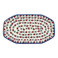 A picture of a Polish Pottery 10.5" x 18.5" Angular Tray (Lovely Ladybugs) | NDA333-18 as shown at PolishPotteryOutlet.com/products/10-5-x-18-5-angular-tray-lovely-ladybugs-nda333-18
