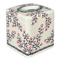 A picture of a Polish Pottery Tissue Box Cover (Cherry Blossoms) | O003S-DPGJ as shown at PolishPotteryOutlet.com/products/tissue-box-cover-cherry-blossoms-o003s-dpgj