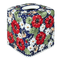 A picture of a Polish Pottery Tissue Box Cover (Poppies & Posies) | O003S-IM02 as shown at PolishPotteryOutlet.com/products/tissue-box-cover-poppies-posies-o003s-im02