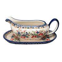 A picture of a Polish Pottery 14 oz. Gravy Boat (Poppy Persuasion) | S119S-P265 as shown at PolishPotteryOutlet.com/products/14-oz-gravy-boat-poppy-persuasion-s119s-p265