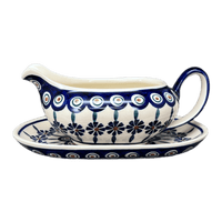 A picture of a Polish Pottery 14 oz. Gravy Boat (Floral Peacock) | S119T-54KK as shown at PolishPotteryOutlet.com/products/14-oz-gravy-boat-floral-peacock-s119t-54kk