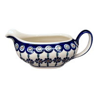 A picture of a Polish Pottery 14 oz. Gravy Boat (Floral Peacock) | S119T-54KK as shown at PolishPotteryOutlet.com/products/14-oz-gravy-boat-floral-peacock-s119t-54kk