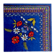 A blue paper napkin with a colorful floral folk embroidery pattern.