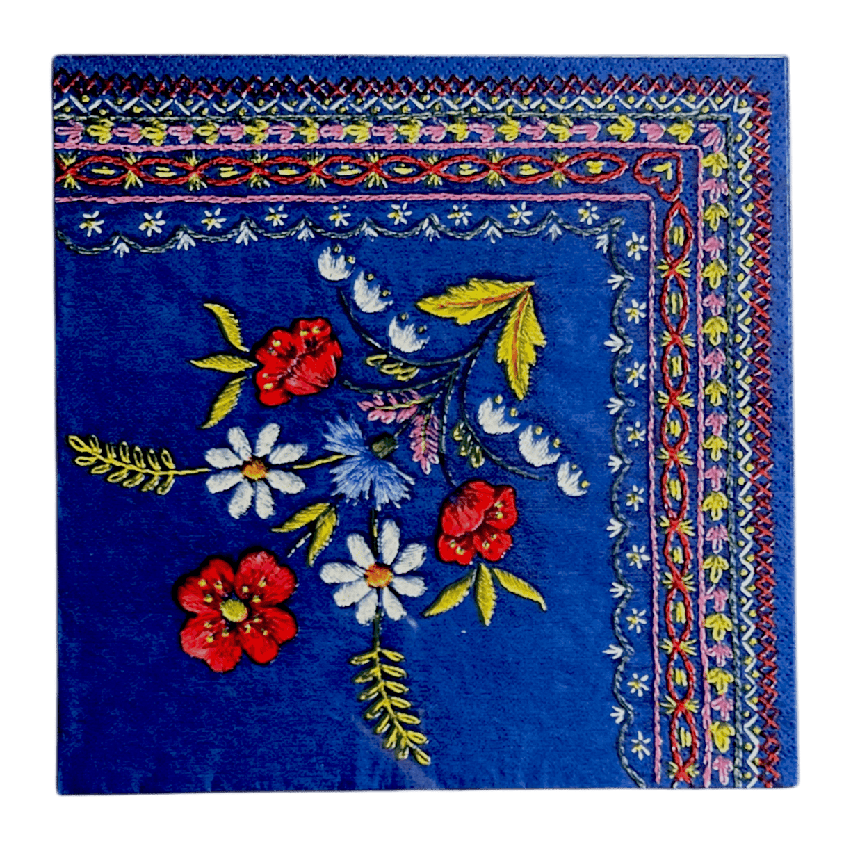 A blue paper napkin with a colorful floral folk embroidery pattern.