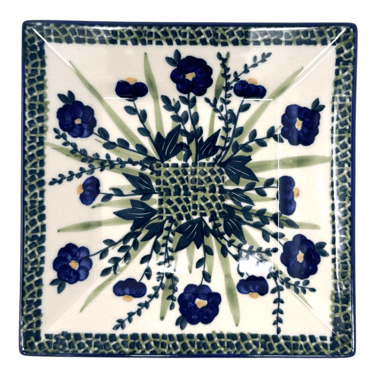 Plate, Square, Dessert, 7" in "Bouncing Blue Blossoms" by Manufaktura | T158U-IM03