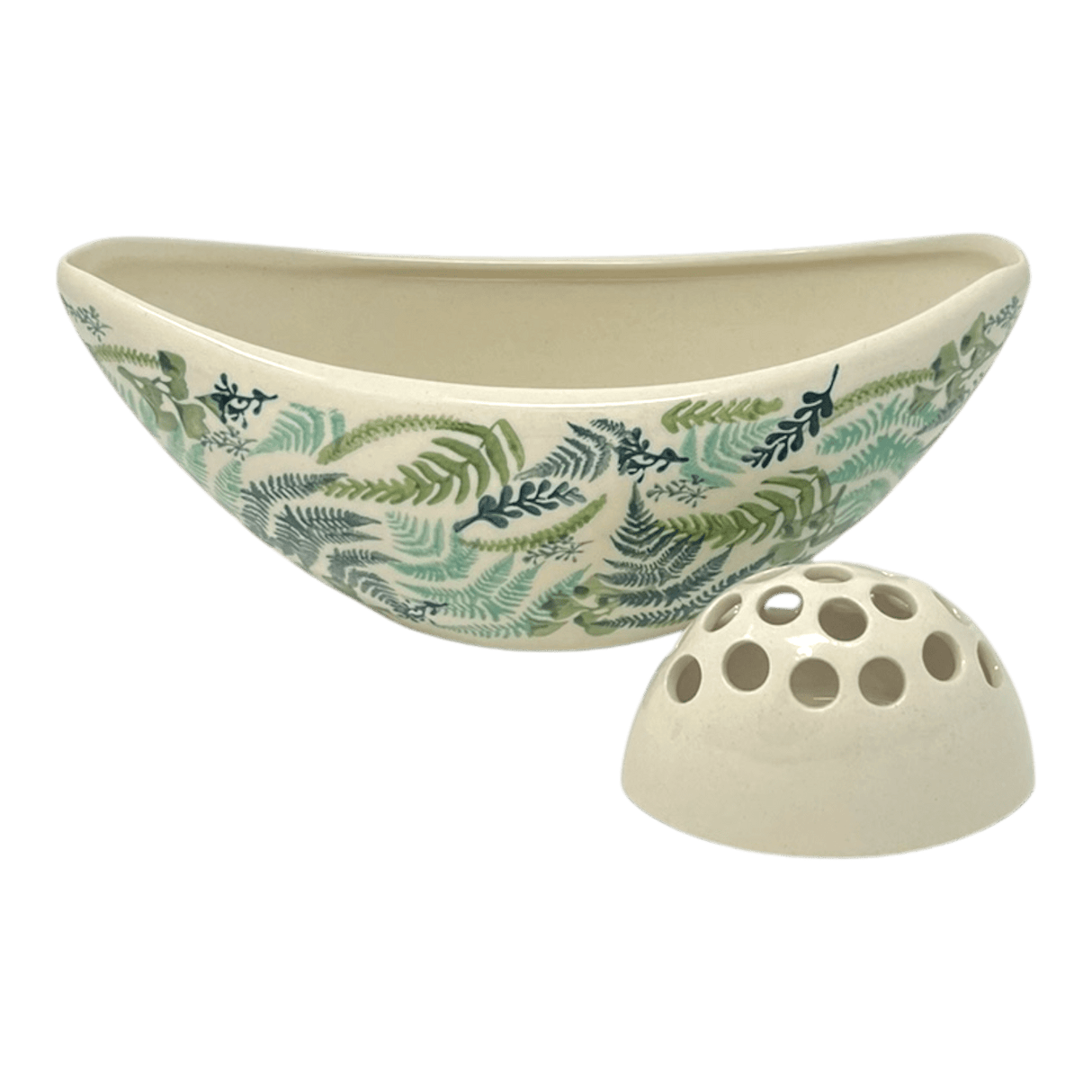 Vase, Ikebana, Oval, Frog Insert, 10.5" x 4.5" in "Scattered Ferns" by Manufaktura | W022S-GZ39