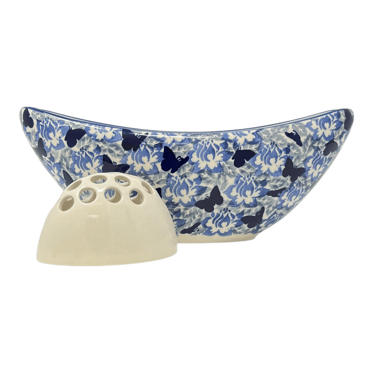 Vase, Ikebana, Oval, Frog Insert, 10.5" x 4.5" in "Dusty Blue Butterflies" by Manufaktura | W022U-AS56