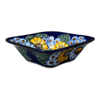 A picture of a Polish Pottery WR Small Square Bowl (Cobalt Blossoms) | WR12G-AB5 as shown at PolishPotteryOutlet.com/products/small-square-bowl-cobalt-blossoms-wr12g-ab5