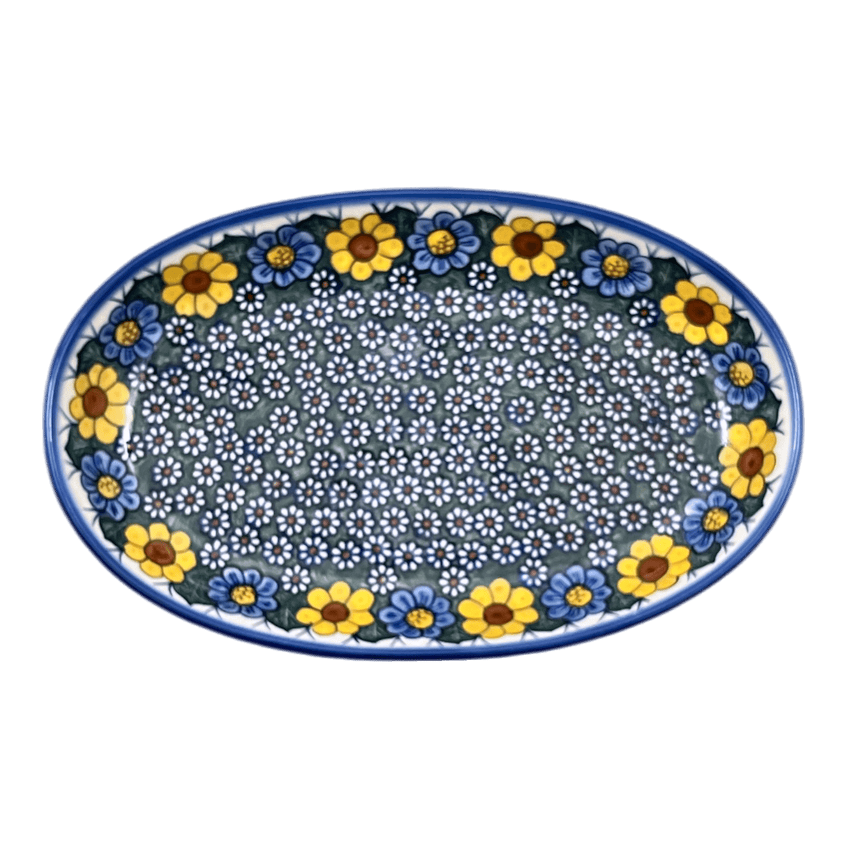 Oval Dish, 8.5" x 13.75", WR (WR13E) in "Daisy Meadow" by W.R. Ceramika | WR13E-BK2