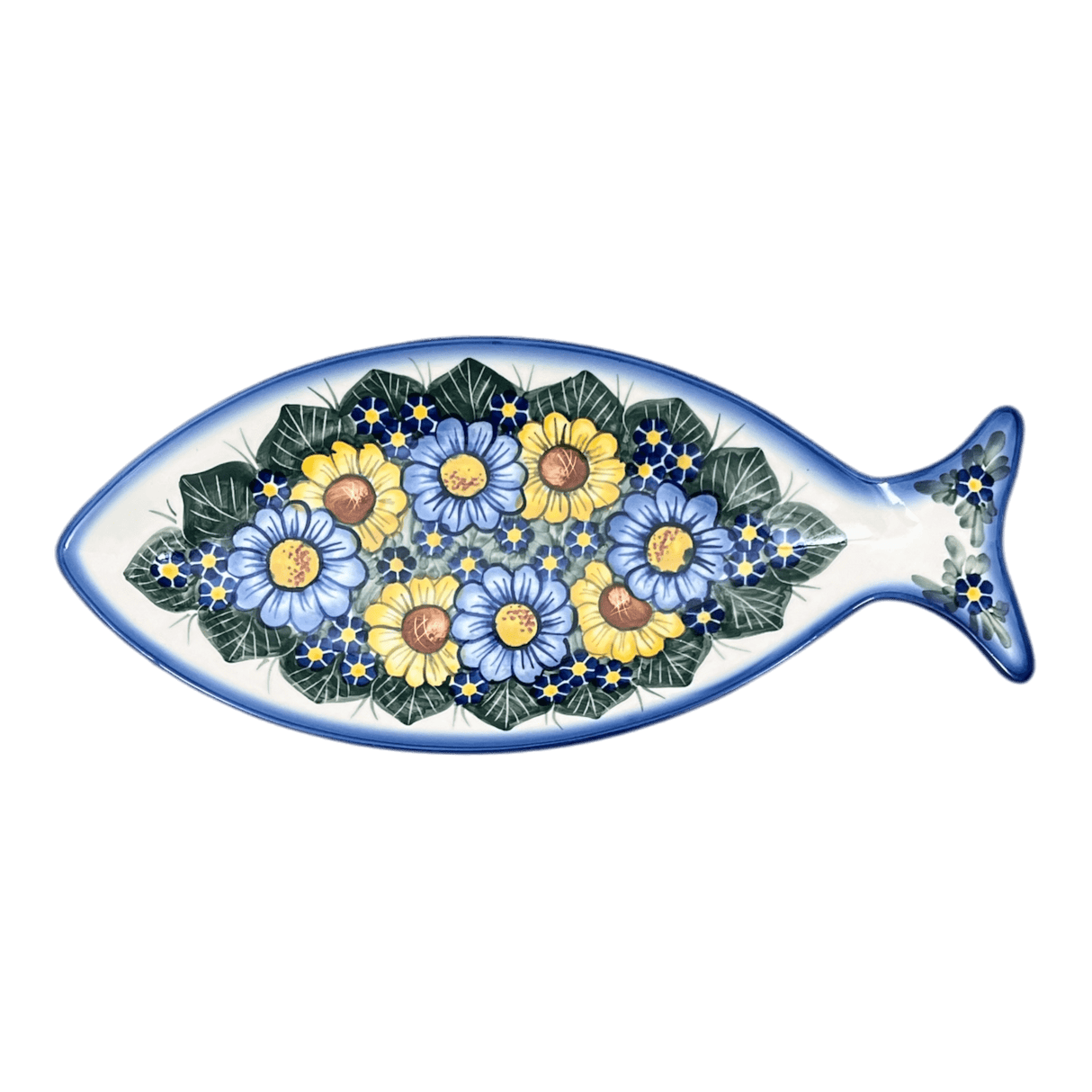 Plate, Fish-Shaped, 14.5" x 6.5", WR (WR13O) in "Bed of Blossoms" by W.R. Ceramika | WR13O-KG2