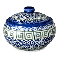 A picture of a Polish Pottery Round Covered Container (Greek Columns) | WR31I-NP20 as shown at PolishPotteryOutlet.com/products/round-covered-container-greek-columns-wr31i-np20