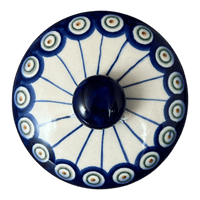 A picture of a Polish Pottery Round Covered Container (Peacock in Line) | WR31I-SM1 as shown at PolishPotteryOutlet.com/products/round-covered-container-peacock-in-line-wr31i-sm1