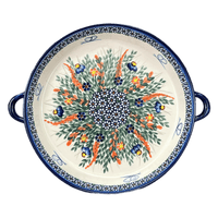 A picture of a Polish Pottery WR 11" Round Casserole Dish With Handles (Butterfly Delight) | WR52C-PP2 as shown at PolishPotteryOutlet.com/products/11-round-casserole-dish-with-handles-butterfly-delight-wr52c-pp2