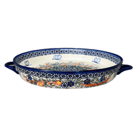 A picture of a Polish Pottery WR 11" Round Casserole Dish With Handles (Butterfly Delight) | WR52C-PP2 as shown at PolishPotteryOutlet.com/products/11-round-casserole-dish-with-handles-butterfly-delight-wr52c-pp2