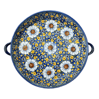 A picture of a Polish Pottery 11" Round Casserole Dish With Handles (Chamomile) | WR52C-RC4 as shown at PolishPotteryOutlet.com/products/11-round-casserole-dish-with-handles-chamomile-wr52c-rc4