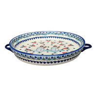 A picture of a Polish Pottery 11" Round Casserole Dish With Handles (Frosty & Friend) | WR52C-WR11 as shown at PolishPotteryOutlet.com/products/11-round-casserole-dish-with-handles-frosty-friend-wr52c-wr11