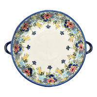 A picture of a Polish Pottery 11" Round Casserole Dish With Handles (Blooming Wildflowers) | WR52C-WR57 as shown at PolishPotteryOutlet.com/products/11-round-casserole-dish-with-handles-blooming-wildflowers-wr52c-wr57