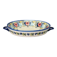 A picture of a Polish Pottery 11" Round Casserole Dish With Handles (Blooming Wildflowers) | WR52C-WR57 as shown at PolishPotteryOutlet.com/products/11-round-casserole-dish-with-handles-blooming-wildflowers-wr52c-wr57