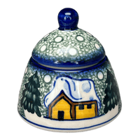 A picture of a Polish Pottery WR 4" Sugar Bowl Bell (Winter Cabin) | WR9A-AB1 as shown at PolishPotteryOutlet.com/products/4-sugar-bowl-bell-winter-cabin-wr9a-ab1