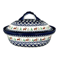 A picture of a Polish Pottery Zaklady 12.5" x 10" Large Covered Baker (Evergreen Moose) | Y1158-A992A as shown at PolishPotteryOutlet.com/products/12-5-x-10-large-covered-baker-evergreen-moose-y1158-a992a