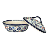 A picture of a Polish Pottery Zaklady 12.5" x 10" Large Covered Baker (Floral Explosion) | Y1158-DU126 as shown at PolishPotteryOutlet.com/products/12-5-x-10-large-covered-baker-du126-y1158-du126