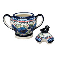 A picture of a Polish Pottery Zaklady Bird Sugar Bowl (Pansies in Bloom) | Y1234-ART277 as shown at PolishPotteryOutlet.com/products/bird-sugar-bowl-pansies-in-bloom-y1234-art277