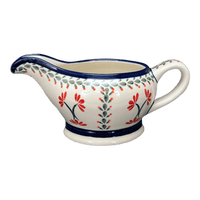 A picture of a Polish Pottery Zaklady 16 oz. Gravy Boat (Scarlet Stitch) | Y1258-A1158A as shown at PolishPotteryOutlet.com/products/45-liter-gravy-boat-scarlet-stitch-y1258-a1158a