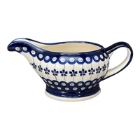 A picture of a Polish Pottery Zaklady 16 oz. Gravy Boat (Petite Floral Peacock) | Y1258-A166A as shown at PolishPotteryOutlet.com/products/45-liter-gravy-boat-floral-peacock-y1258-a166a