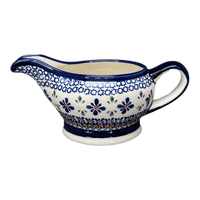 A picture of a Polish Pottery Zaklady 16 oz. Gravy Boat (Blue Mosaic Flower) | Y1258-A221A as shown at PolishPotteryOutlet.com/products/45-liter-gravy-boat-blue-mosaic-flower-y1258-a221a