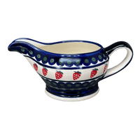 A picture of a Polish Pottery Zaklady 16 oz. Gravy Boat (Strawberry Dot) | Y1258-A310A as shown at PolishPotteryOutlet.com/products/45-liter-gravy-boat-strawberry-dot-y1258-a310a