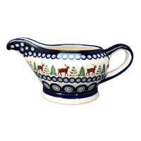 A picture of a Polish Pottery Zaklady 16 oz. Gravy Boat (Evergreen Moose) | Y1258-A992A as shown at PolishPotteryOutlet.com/products/45-liter-gravy-boat-evergreen-moose-y1258-a992a