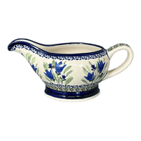 A picture of a Polish Pottery Zaklady 16 oz. Gravy Boat (Blue Tulips) | Y1258-ART160 as shown at PolishPotteryOutlet.com/products/gravy-boat-blue-tulips-y1258-art160