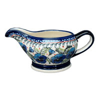 A picture of a Polish Pottery Zaklady 16 oz. Gravy Boat (Pansies in Bloom) | Y1258-ART277 as shown at PolishPotteryOutlet.com/products/45-liter-gravy-boat-pansies-in-bloom-y1258-art277